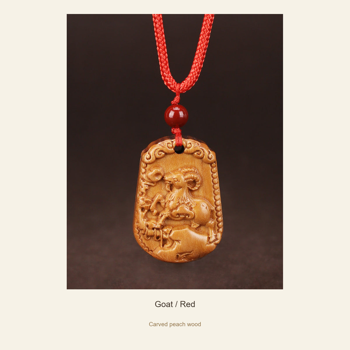 Peach Wood Chinese Zodiac Relief Necklace — Goat / Red, full design view #zodiac_goat