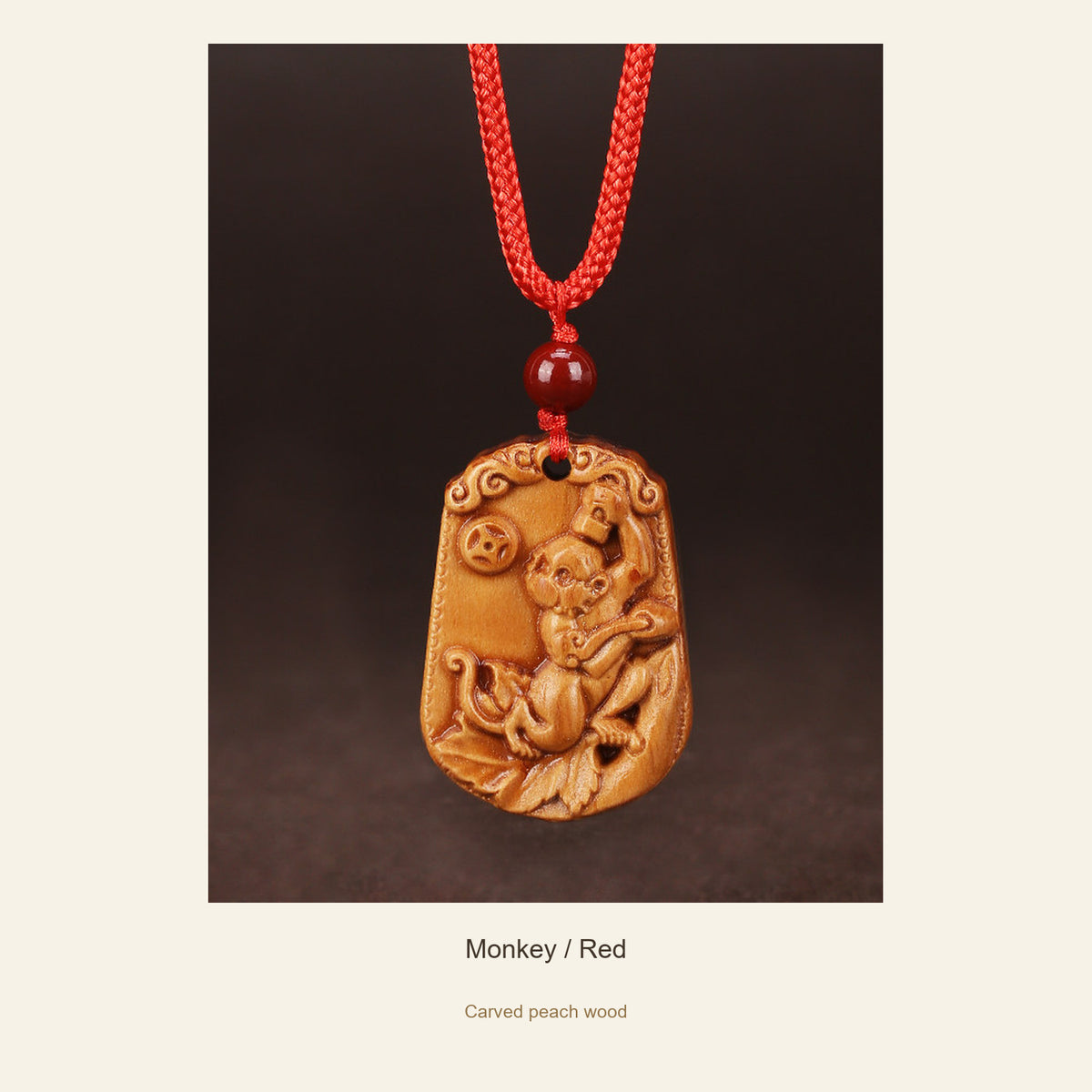 Peach Wood Chinese Zodiac Relief Necklace — Monkey / Red, full design view #zodiac_monkey
