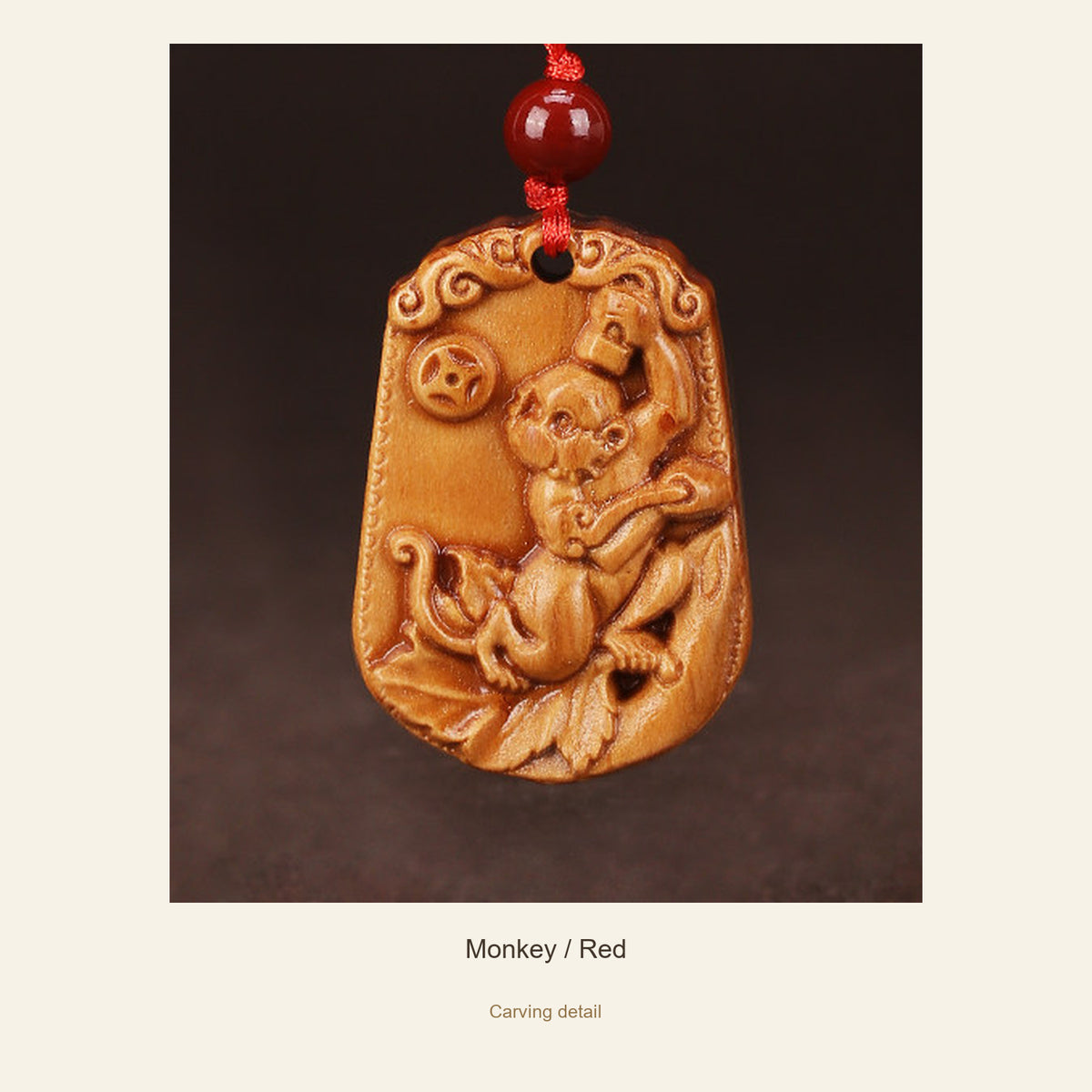 Peach Wood Chinese Zodiac Relief Necklace — Monkey / Red, detail view #zodiac_monkey