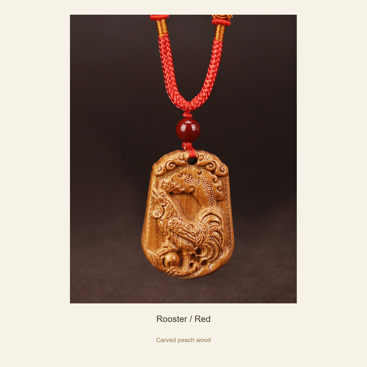 Peach Wood Chinese Zodiac Relief Necklace — Rooster / Red, full design view #zodiac_rooster