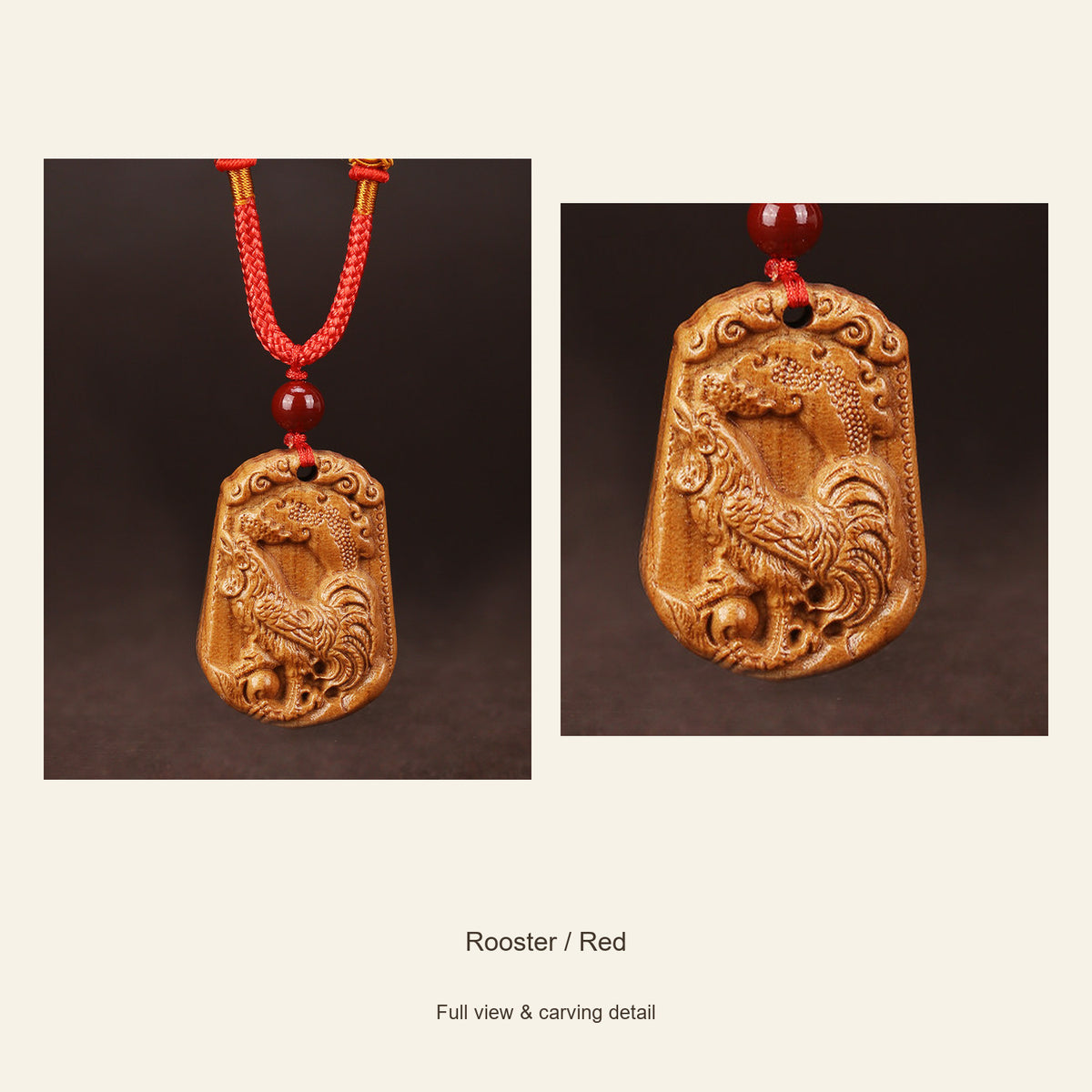 Peach Wood Chinese Zodiac Relief Necklace — Rooster / Red, design and material view #zodiac_rooster