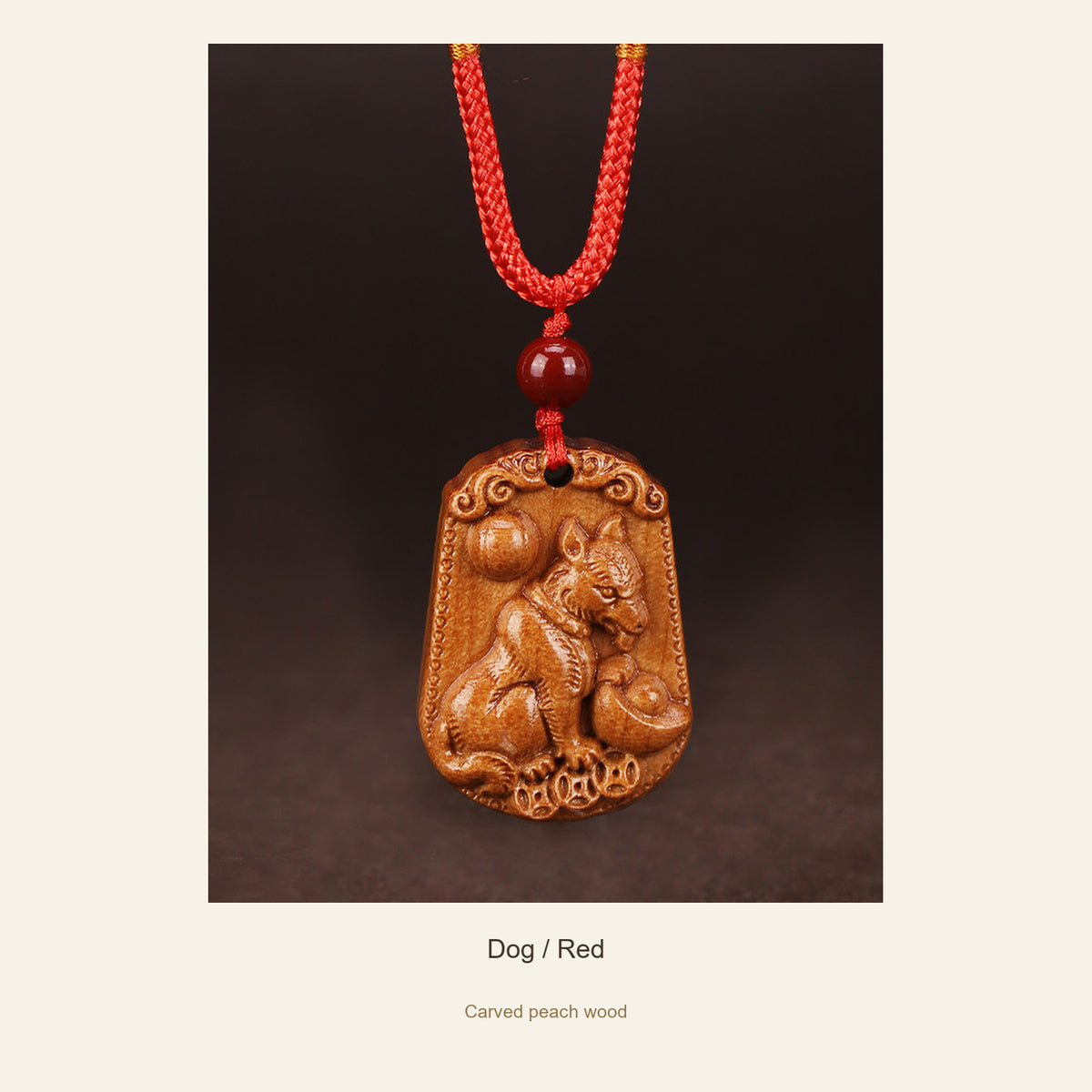 Peach Wood Chinese Zodiac Relief Necklace — Dog / Red, full design view #zodiac_dog