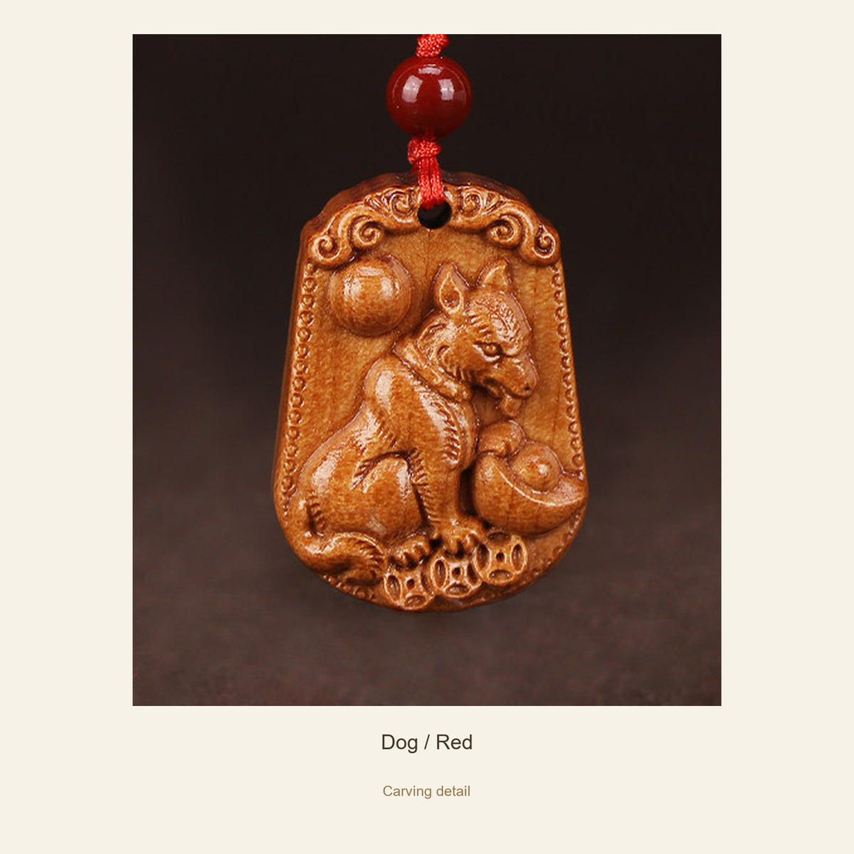 Peach Wood Chinese Zodiac Relief Necklace — Dog / Red, detail view #zodiac_dog