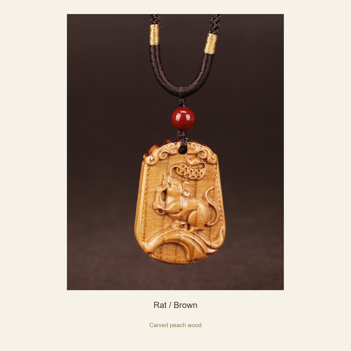 Peach Wood Chinese Zodiac Relief Necklace — Rat / Brown, full design view #zodiac_rat