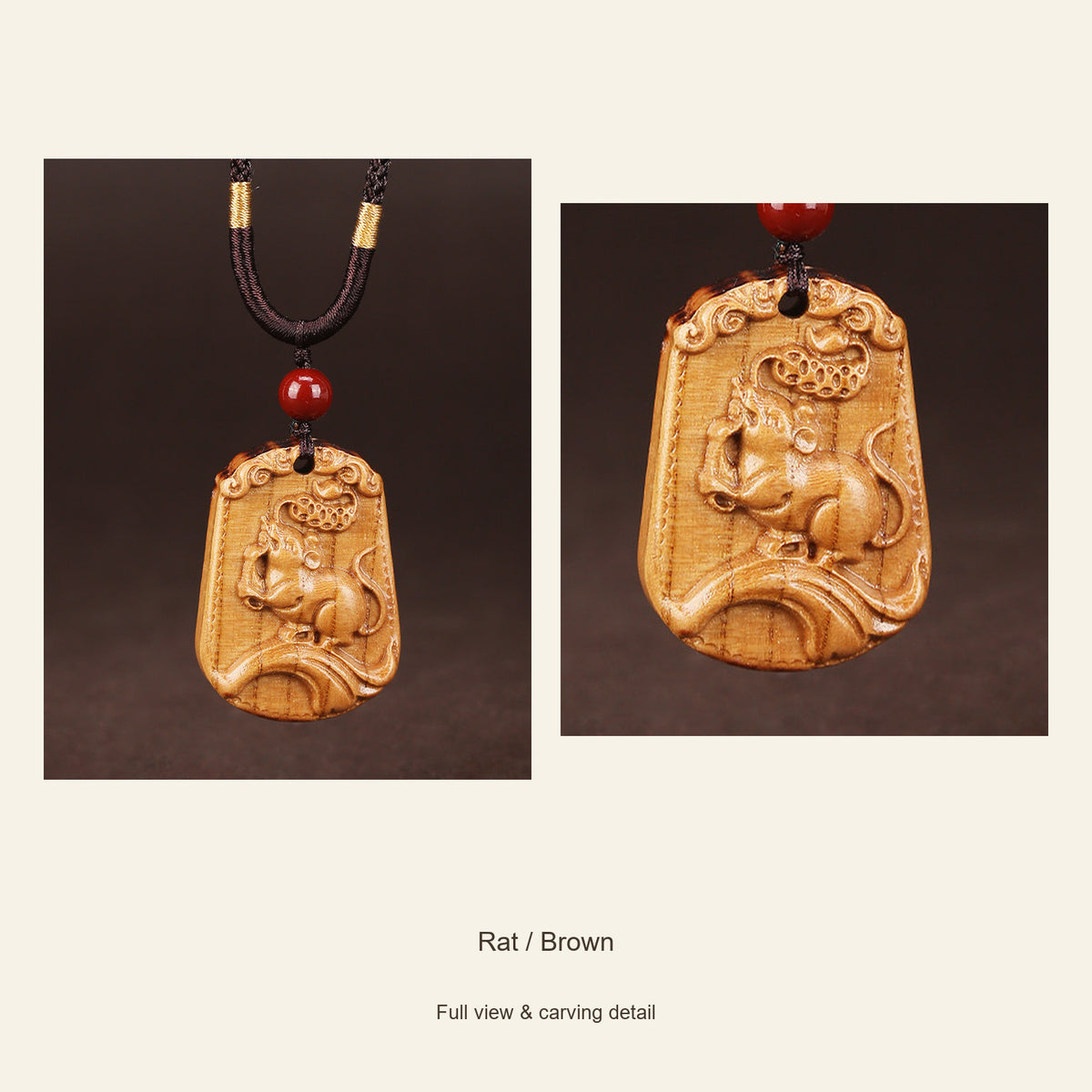 Peach Wood Chinese Zodiac Relief Necklace — Rat / Brown, design and material view #zodiac_rat