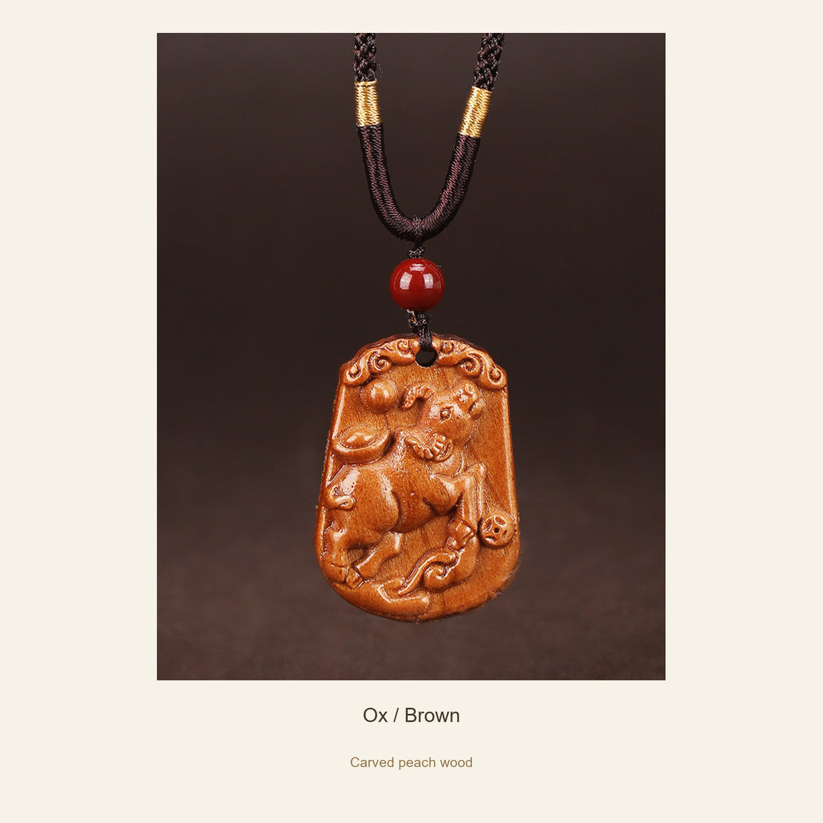 Peach Wood Chinese Zodiac Relief Necklace — Ox / Brown, full design view #zodiac_ox