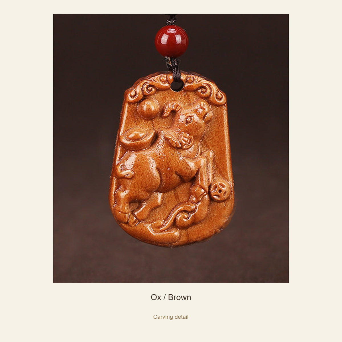 Peach Wood Chinese Zodiac Relief Necklace — Ox / Brown, detail view #zodiac_ox