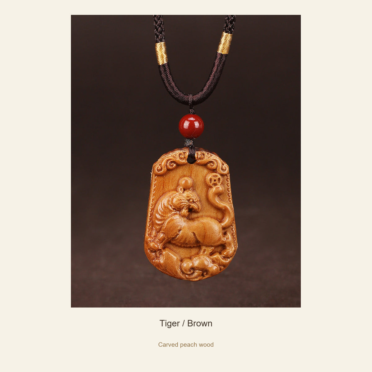 Peach Wood Chinese Zodiac Relief Necklace — Tiger / Brown, full design view #zodiac_tiger