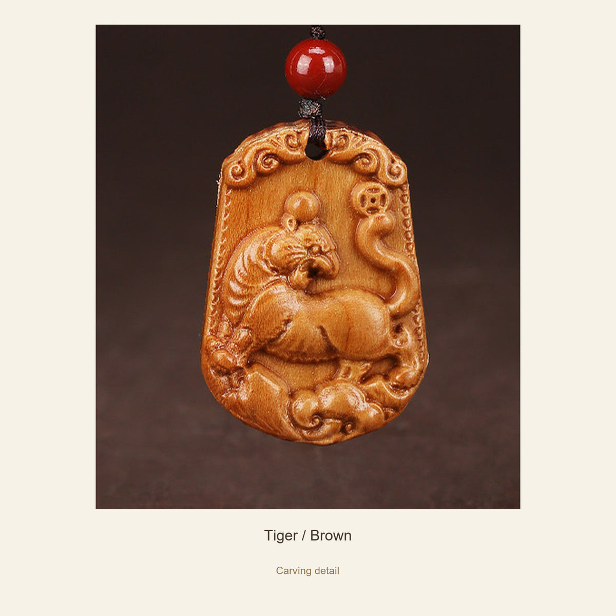 Peach Wood Chinese Zodiac Relief Necklace — Tiger / Brown, detail view #zodiac_tiger