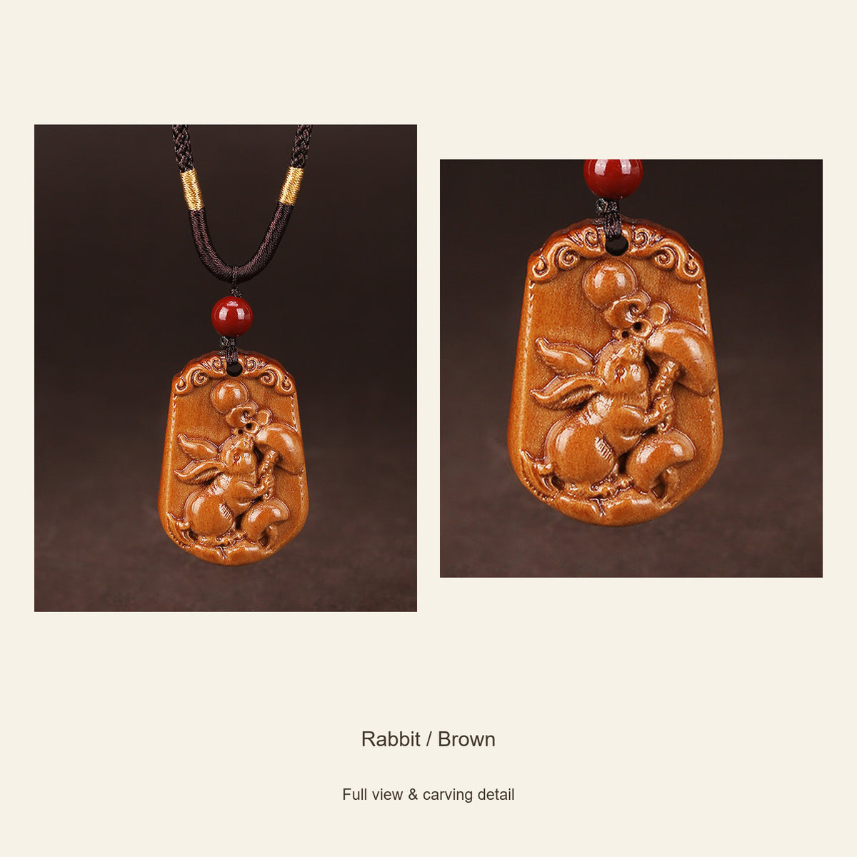 Peach Wood Chinese Zodiac Relief Necklace — Rabbit / Brown, design and material view #zodiac_rabbit