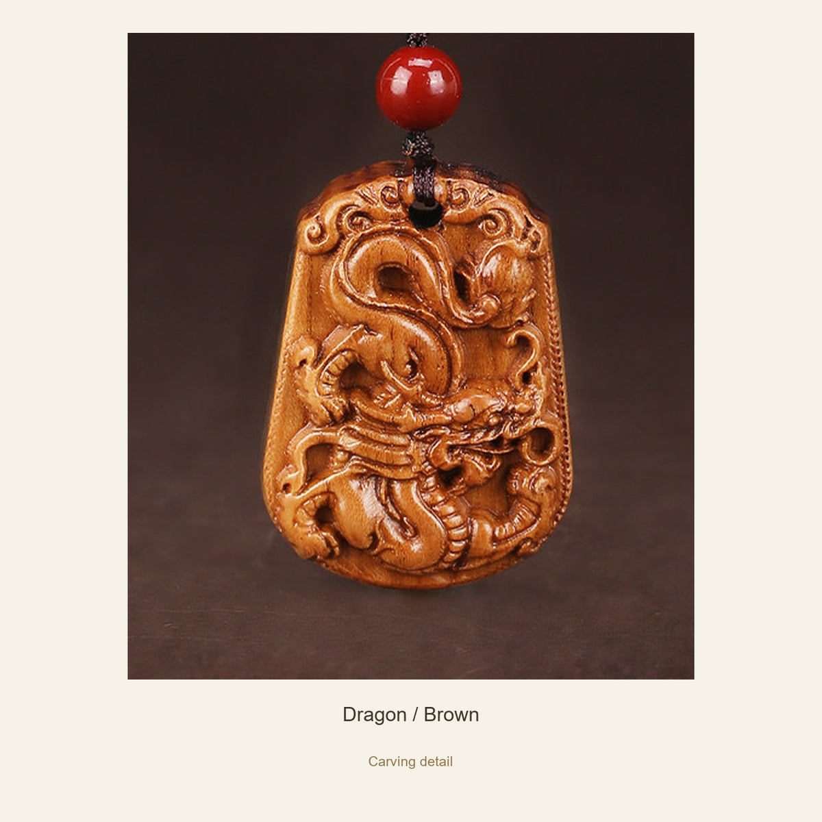 Peach Wood Chinese Zodiac Relief Necklace — Dragon / Brown, detail view #zodiac_dragon