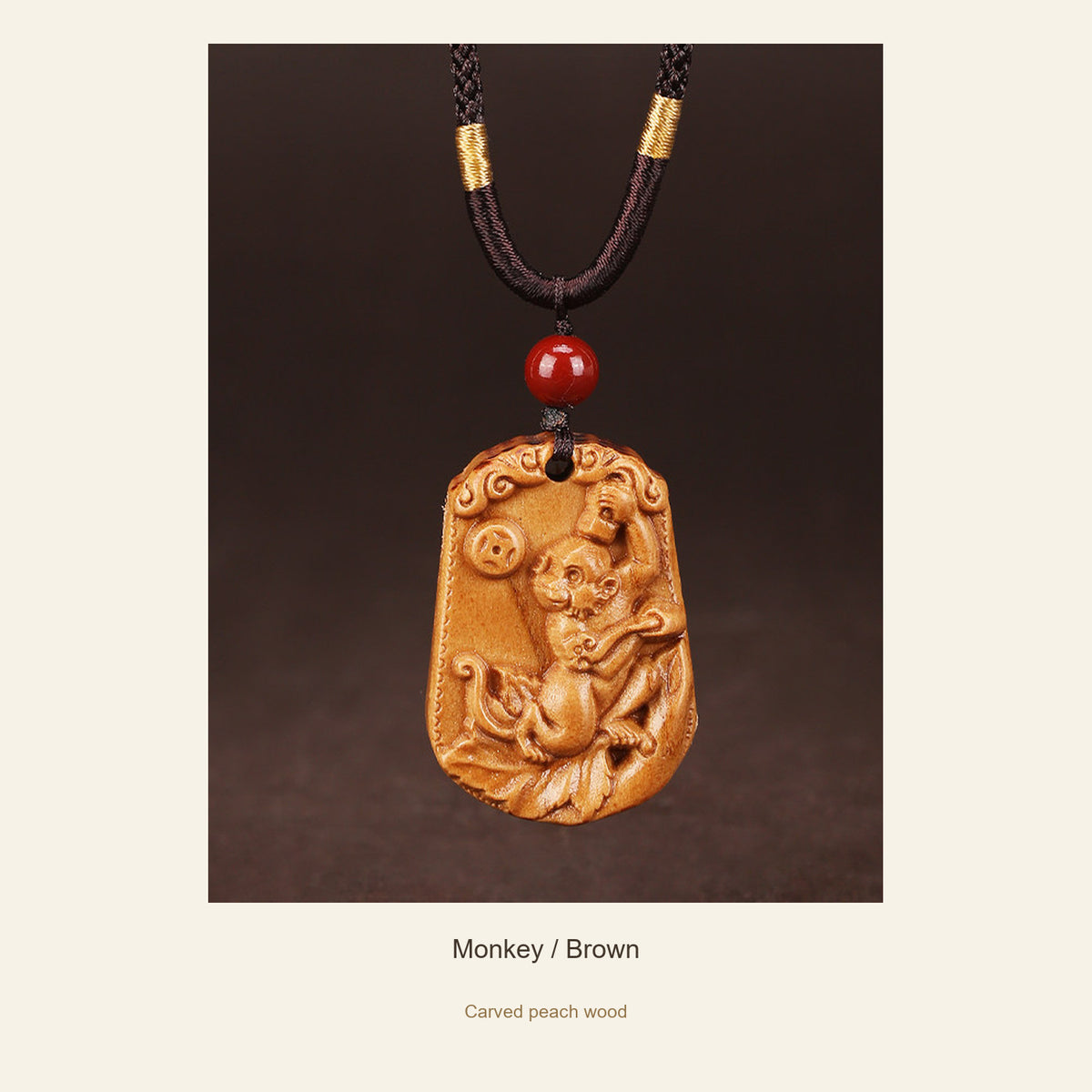 Peach Wood Chinese Zodiac Relief Necklace — Monkey / Brown, full design view #zodiac_monkey