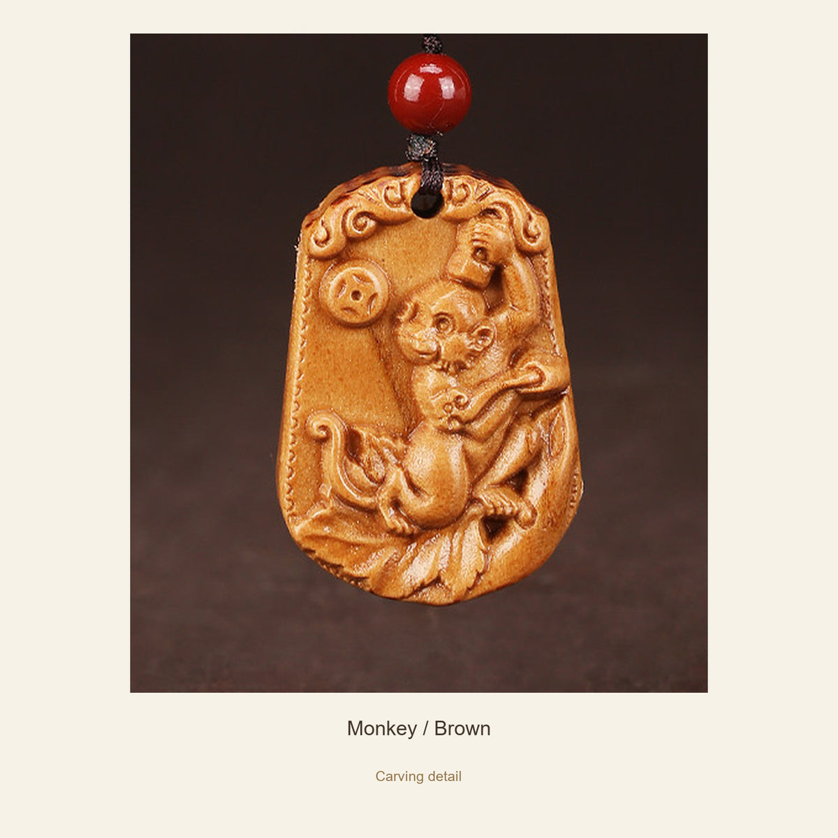 Peach Wood Chinese Zodiac Relief Necklace — Monkey / Brown, detail view #zodiac_monkey