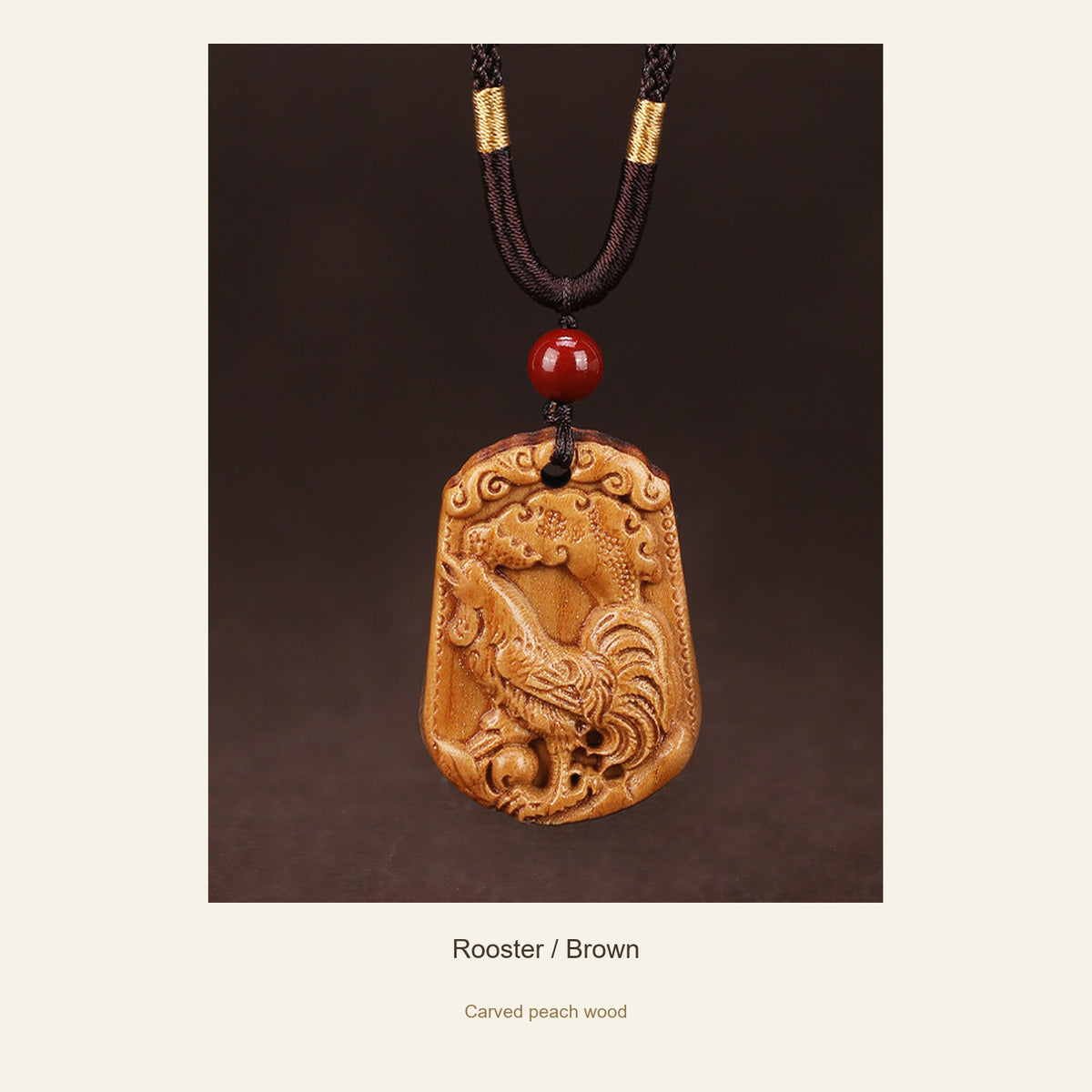 Peach Wood Chinese Zodiac Relief Necklace — Rooster / Brown, full design view #zodiac_rooster