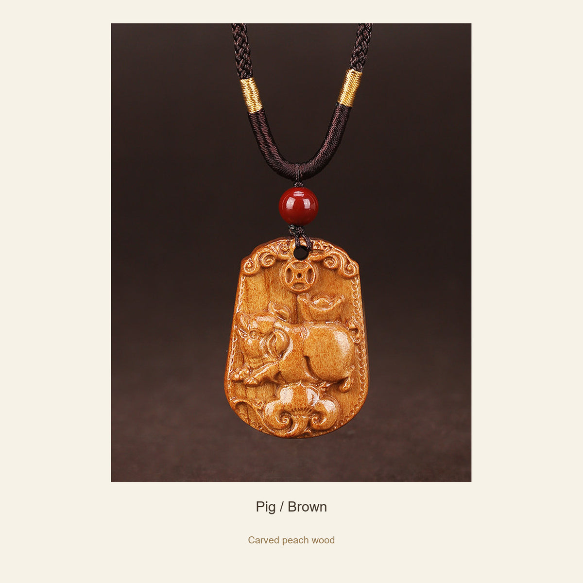 Peach Wood Chinese Zodiac Relief Necklace — Pig / Brown, full design view #zodiac_pig