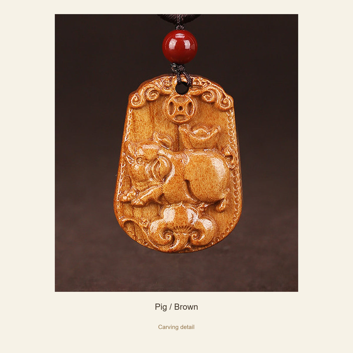 Peach Wood Chinese Zodiac Relief Necklace — Pig / Brown, detail view #zodiac_pig