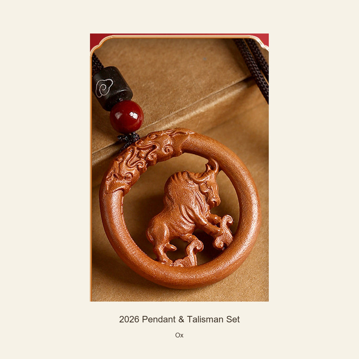 2026 Zodiac Peach Wood Pendant and Talisman Set — Ox, detail view #zodiac_ox