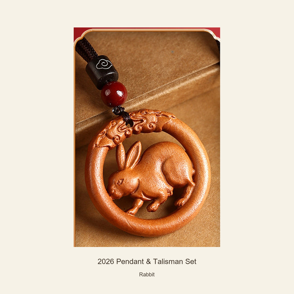 2026 Zodiac Peach Wood Pendant and Talisman Set — Rabbit, detail view #zodiac_rabbit
