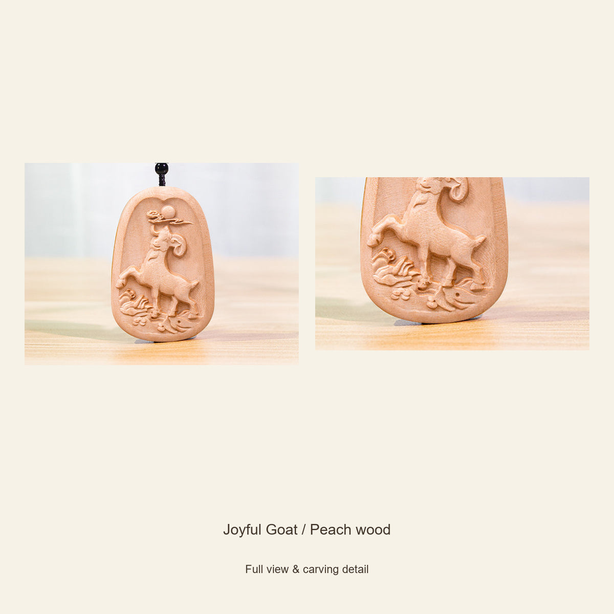 Carved Goat Wood Pendant — Joyful Goat / Peach wood / Large, design and material view #design_joyful goat