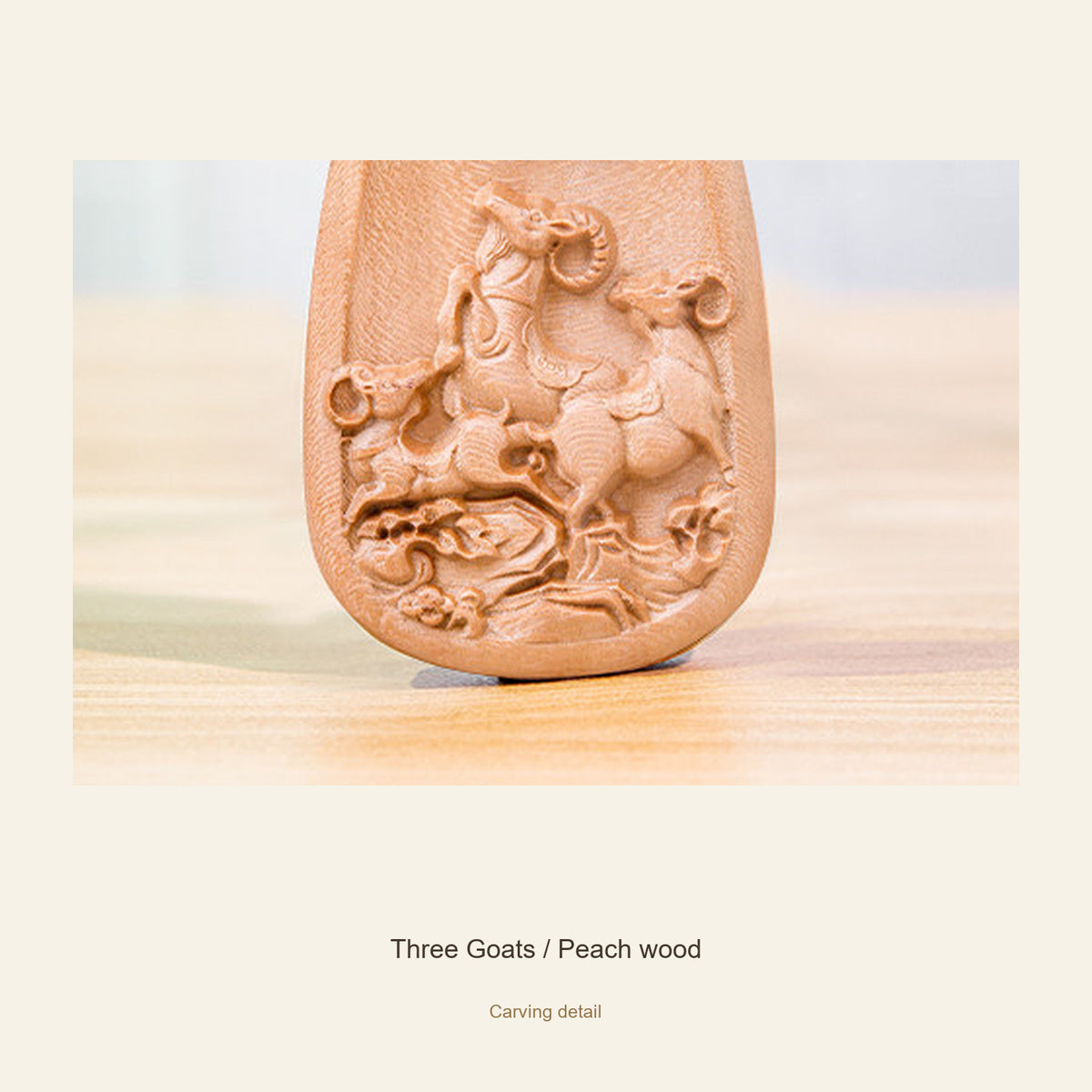 Carved Goat Wood Pendant — Three Goats / Peach wood / Large, detail view #design_three goats