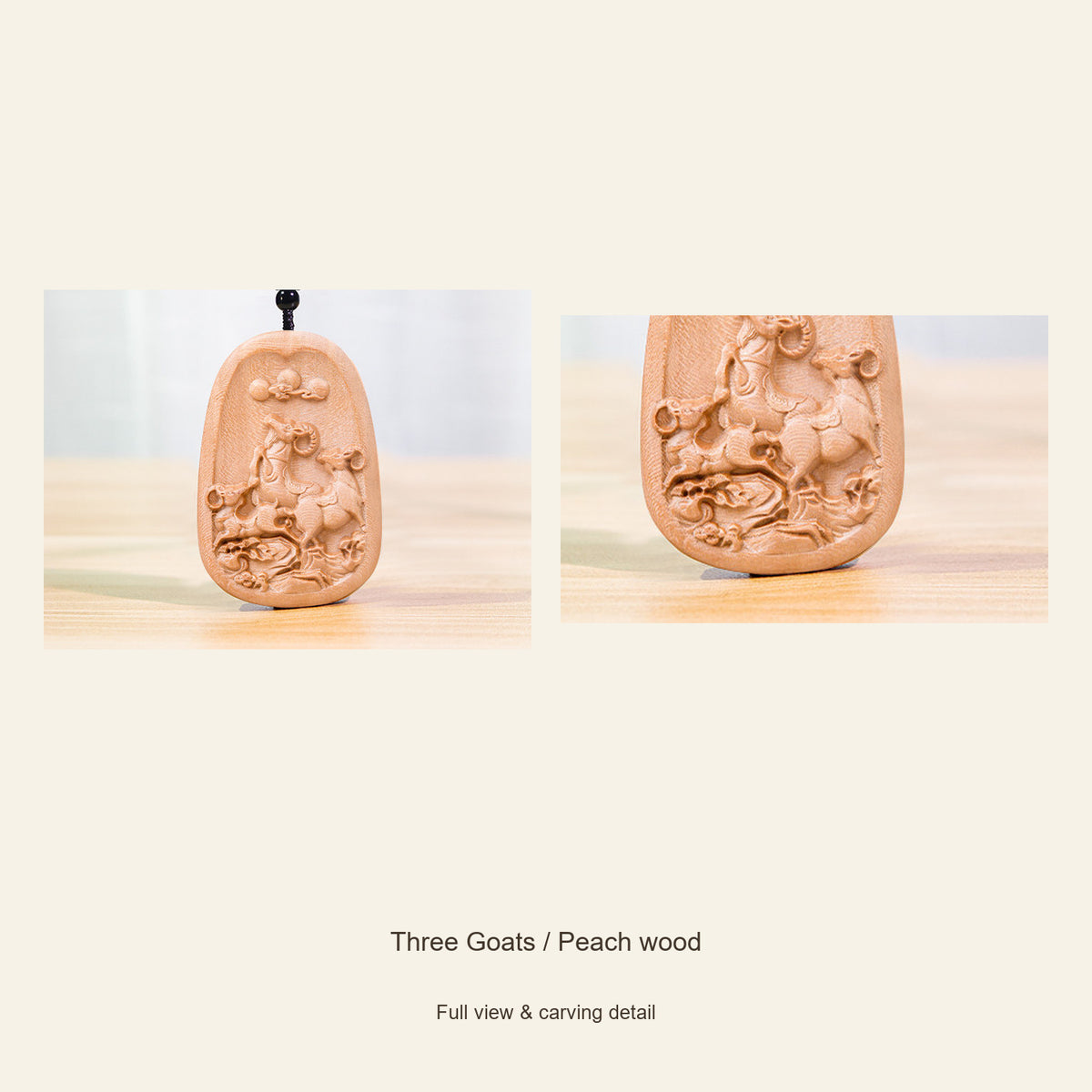 Carved Goat Wood Pendant — Three Goats / Peach wood / Large, design and material view #design_three goats