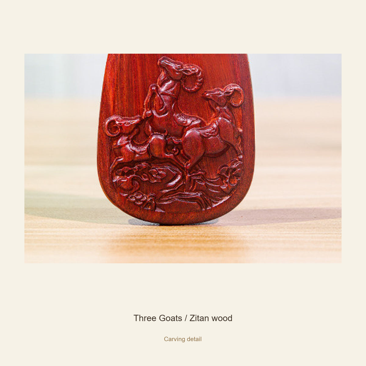 Carved Goat Wood Pendant — Three Goats / Zitan wood / Large, detail view #design_three goats