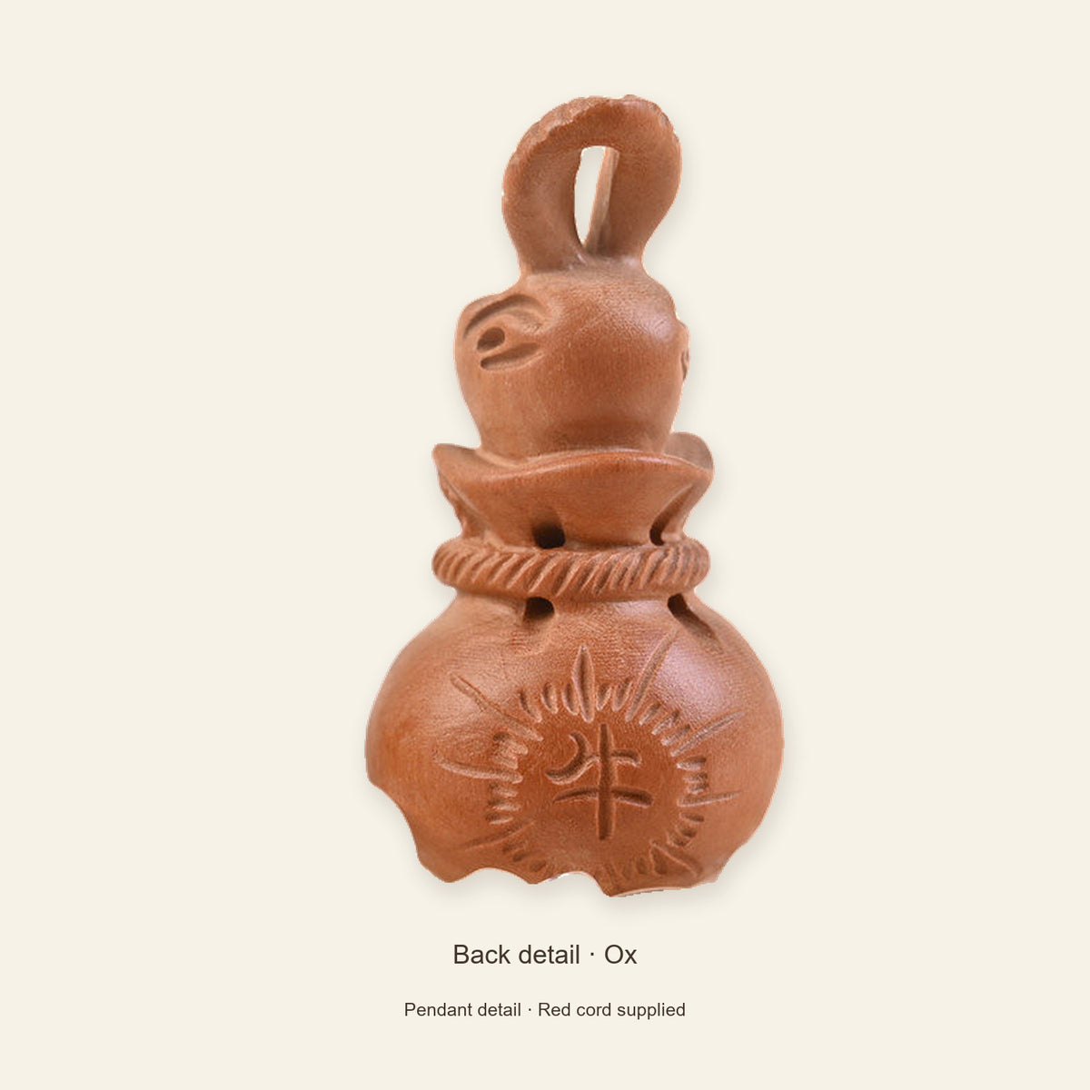 Peach Wood Zodiac Fortune Bag Necklace — Ox / Red, detail view #zodiac_ox