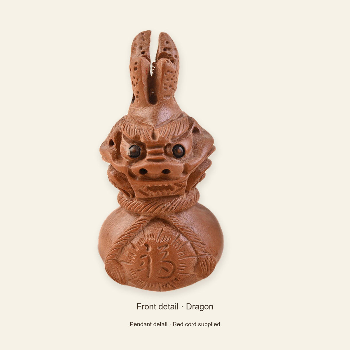 Peach Wood Zodiac Fortune Bag Necklace — Dragon / Red, full design view #zodiac_dragon