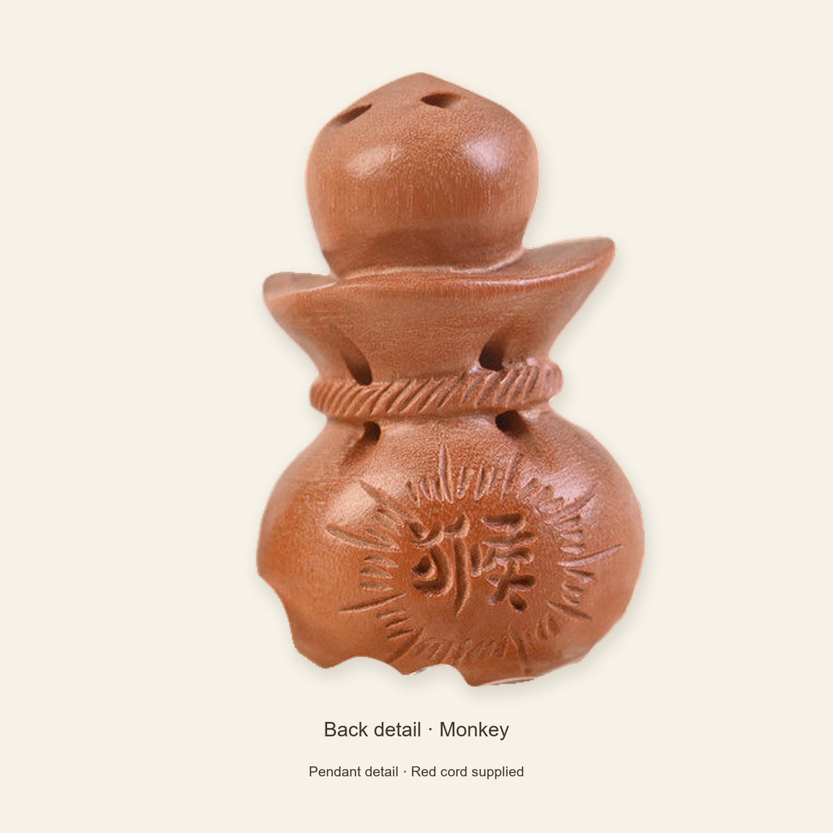 Peach Wood Zodiac Fortune Bag Necklace — Monkey / Red, detail view #zodiac_monkey