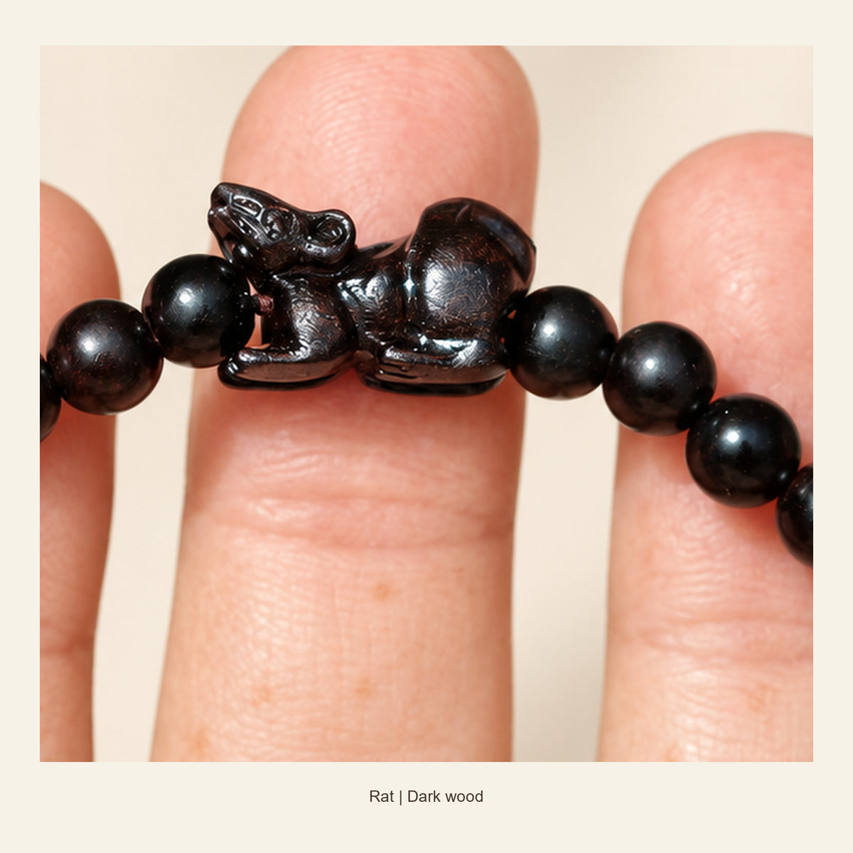 Dark Wood Chinese Zodiac Bead Bracelet — Rat, detail view #zodiac_rat