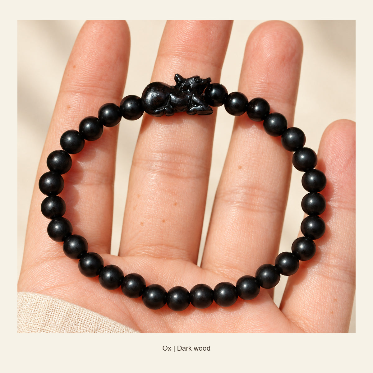 Dark Wood Chinese Zodiac Bead Bracelet — Ox, full design view #zodiac_ox