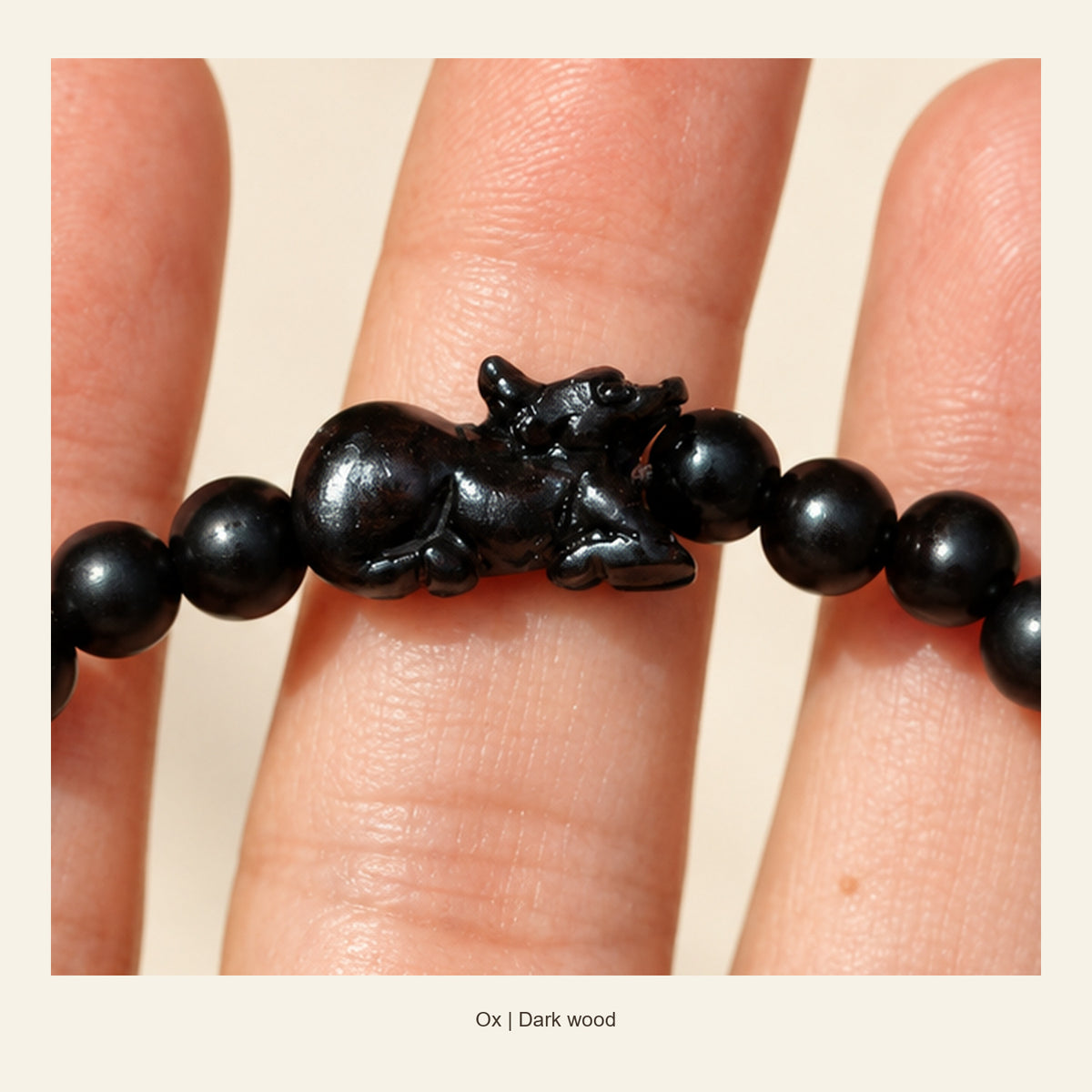 Dark Wood Chinese Zodiac Bead Bracelet — Ox, detail view #zodiac_ox