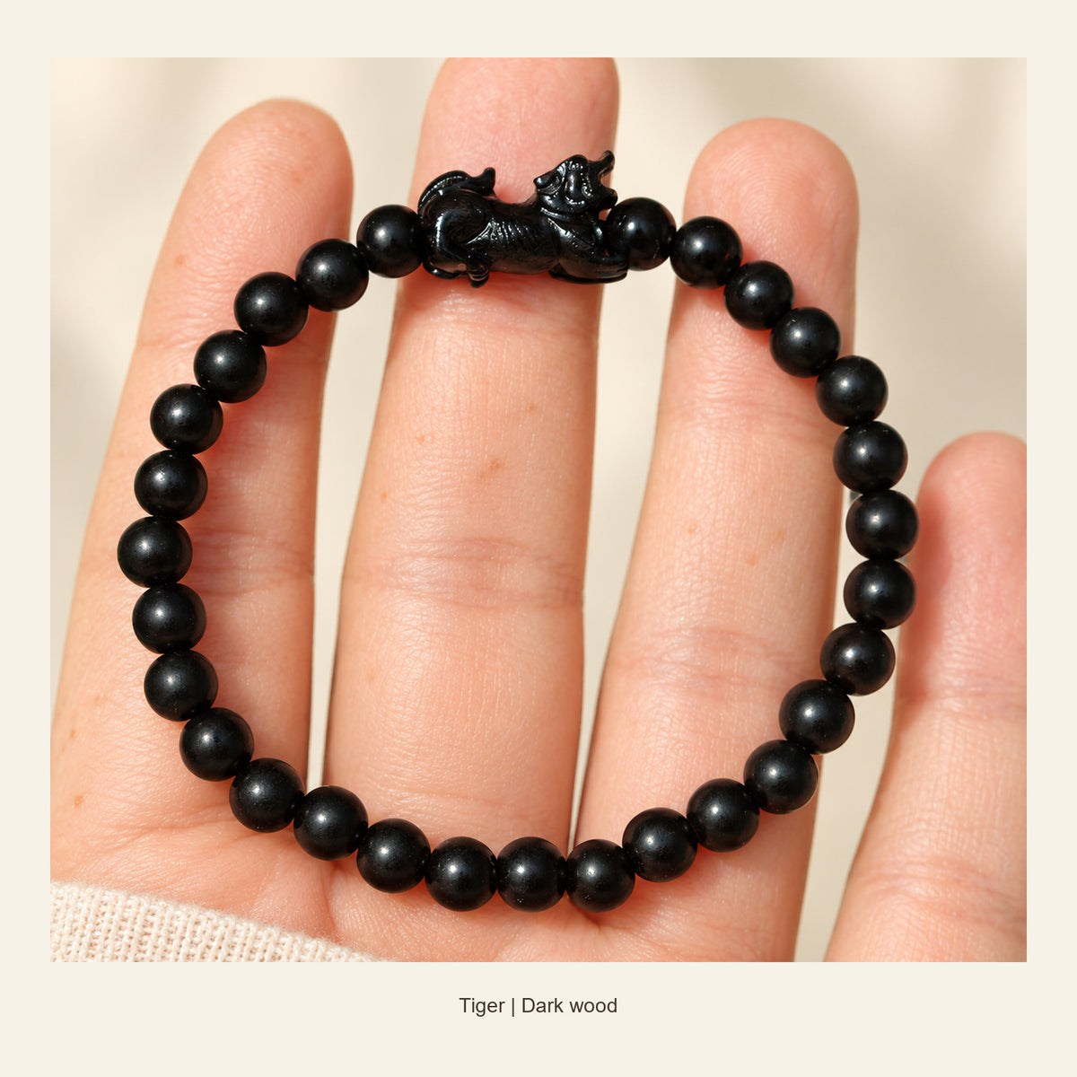Dark Wood Chinese Zodiac Bead Bracelet — Tiger, full design view #zodiac_tiger