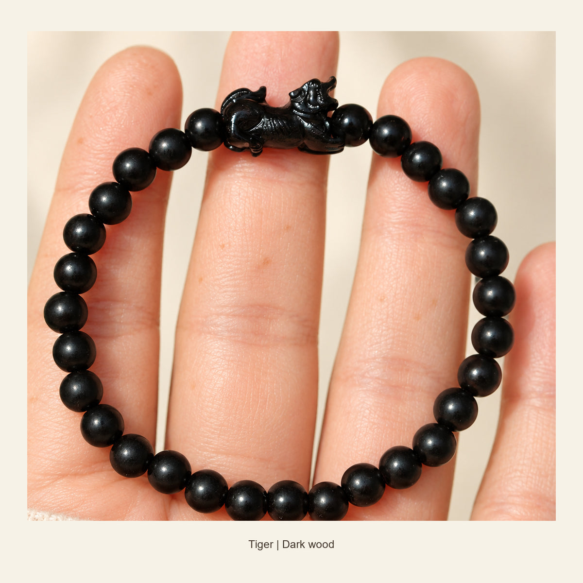 Dark Wood Chinese Zodiac Bead Bracelet — Tiger, display view #zodiac_tiger