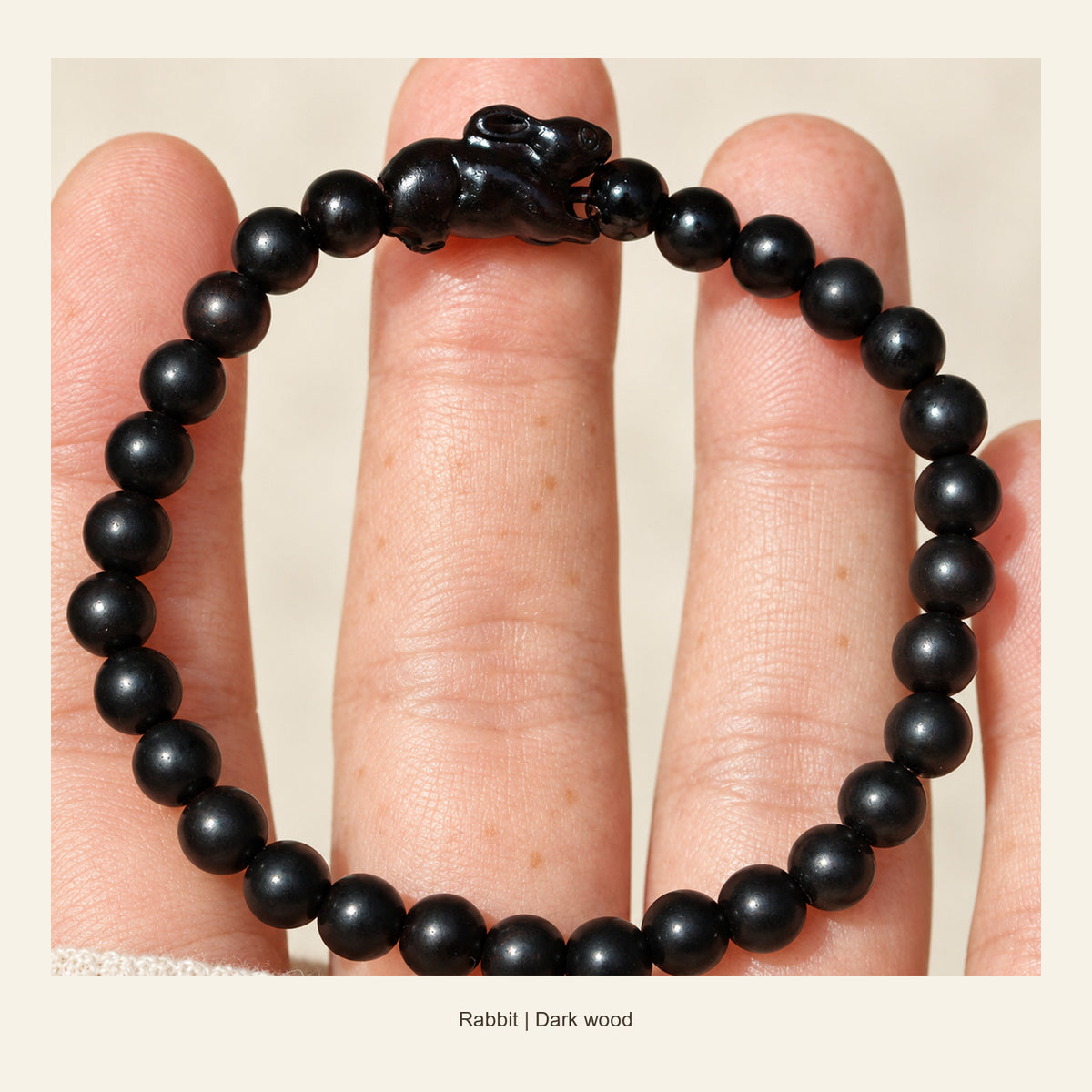Dark Wood Chinese Zodiac Bead Bracelet — Rabbit, display view #zodiac_rabbit