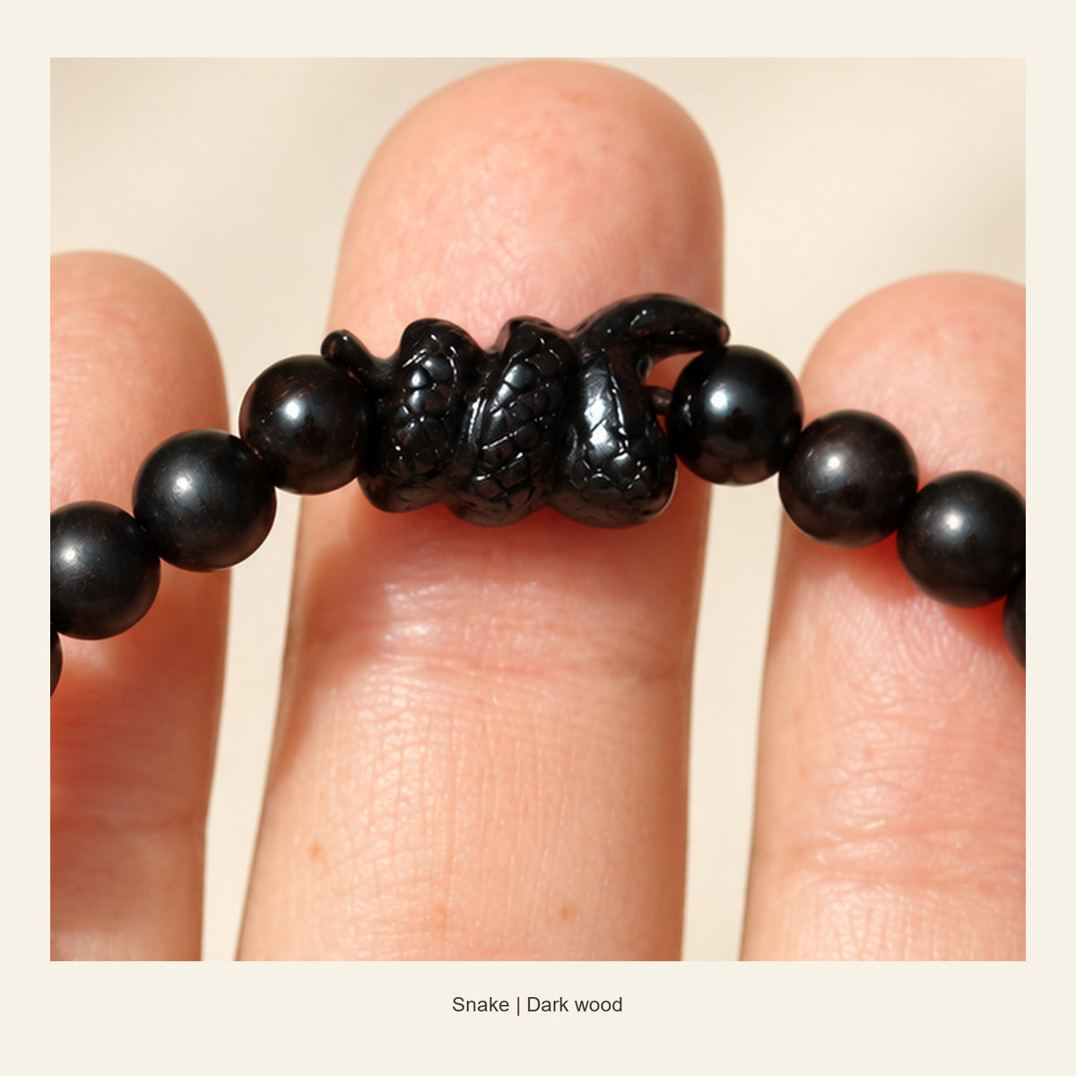 Dark Wood Chinese Zodiac Bead Bracelet — Snake, detail view #zodiac_snake