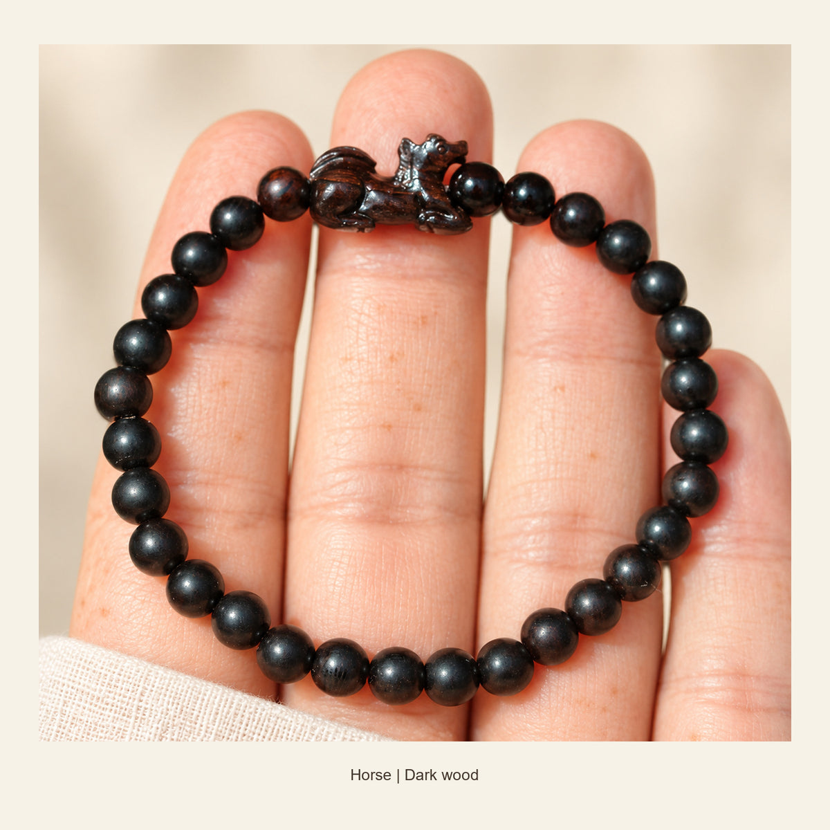 Dark Wood Chinese Zodiac Bead Bracelet — Horse, full design view #zodiac_horse