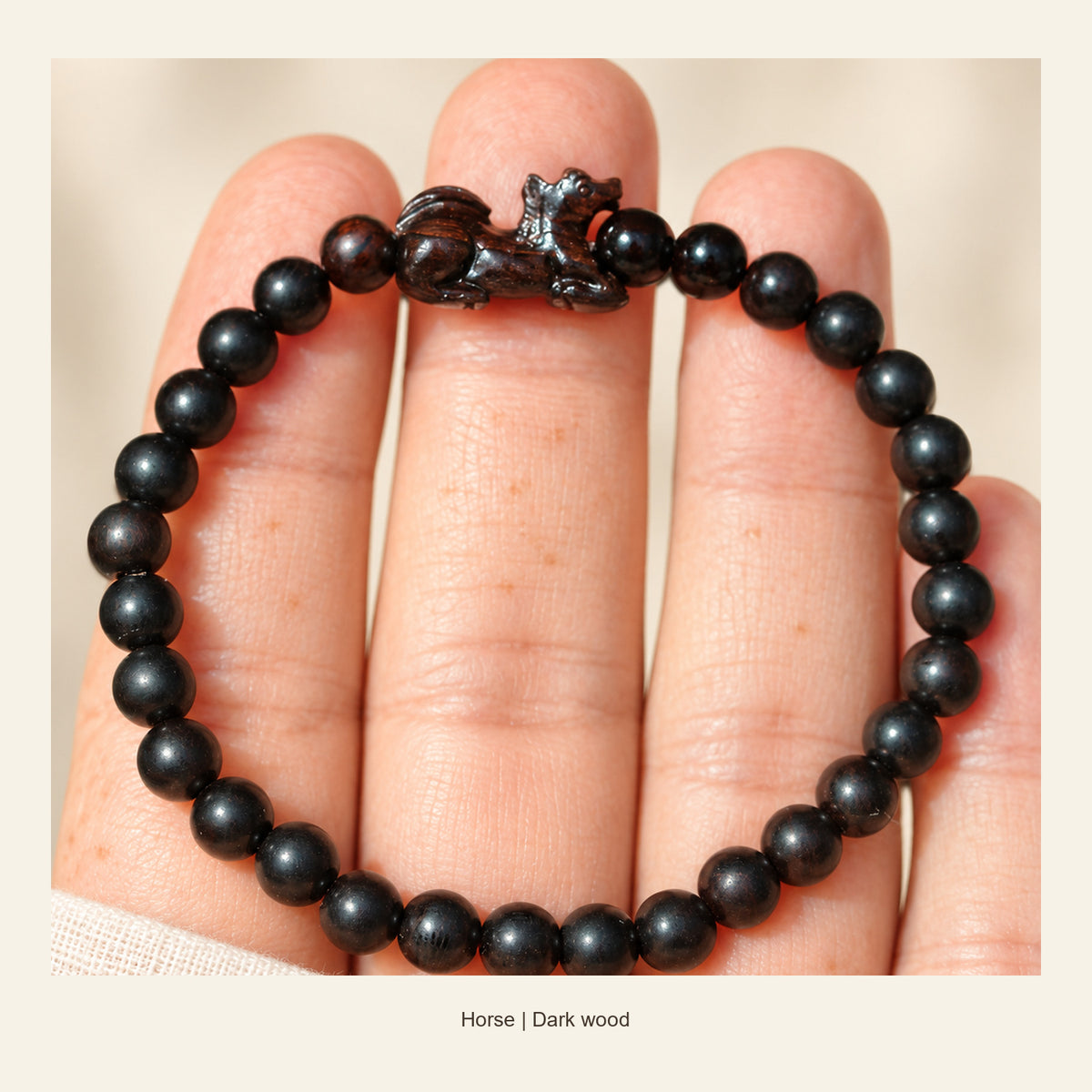 Dark Wood Chinese Zodiac Bead Bracelet — Horse, display view #zodiac_horse