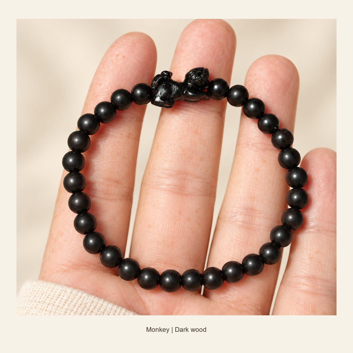 Dark Wood Chinese Zodiac Bead Bracelet — Monkey, full design view #zodiac_monkey