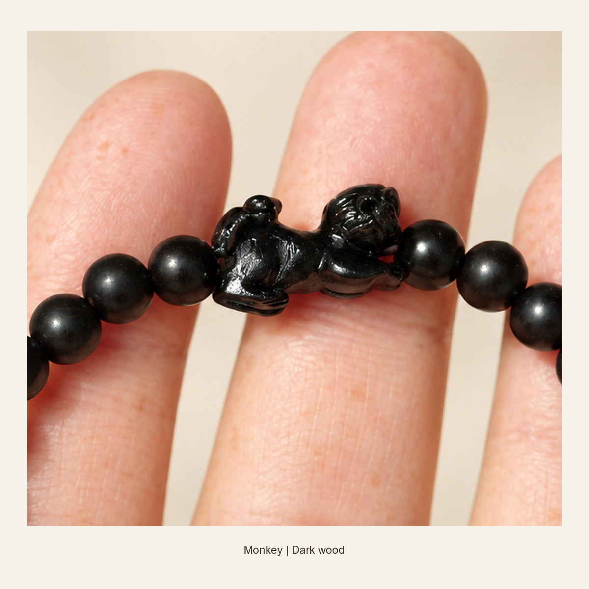 Dark Wood Chinese Zodiac Bead Bracelet — Monkey, detail view #zodiac_monkey