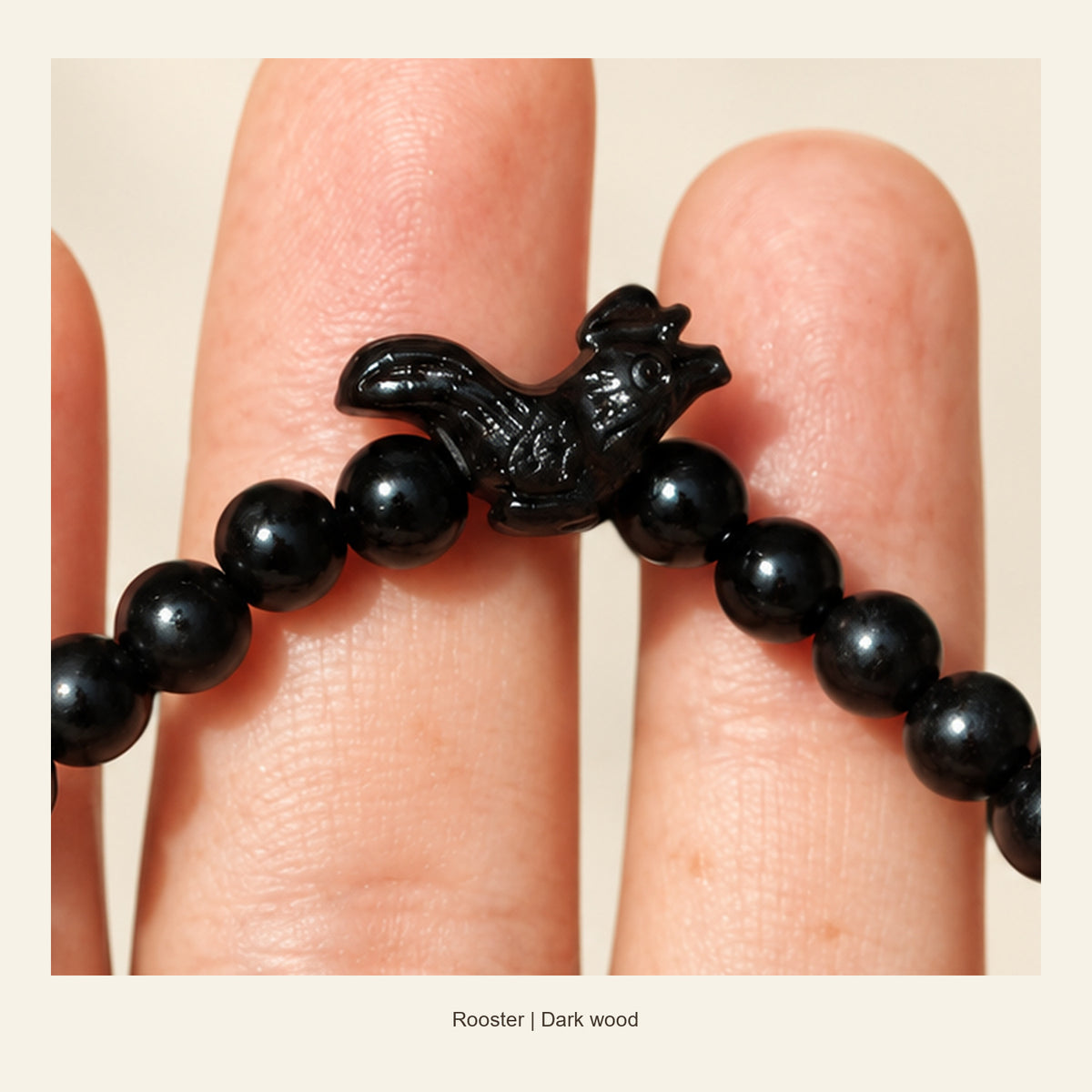 Dark Wood Chinese Zodiac Bead Bracelet — Rooster, detail view #zodiac_rooster