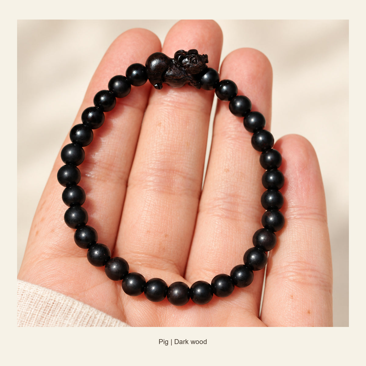 Dark Wood Chinese Zodiac Bead Bracelet — Pig, full design view #zodiac_pig