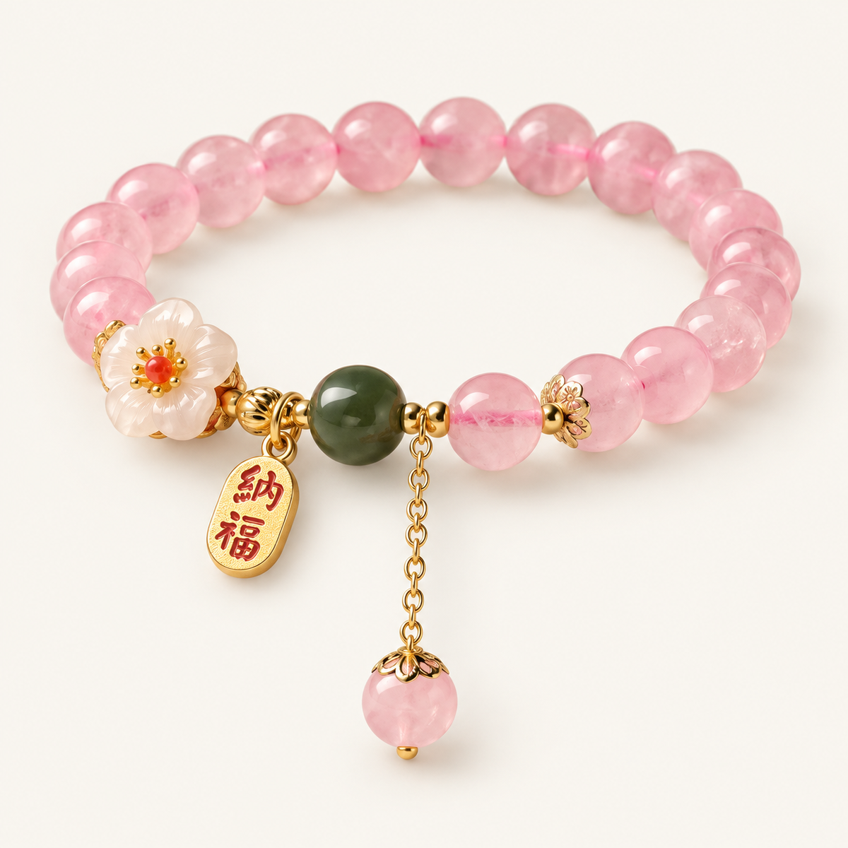 Pink Crystal & Jade Love Bracelet on an ivory background