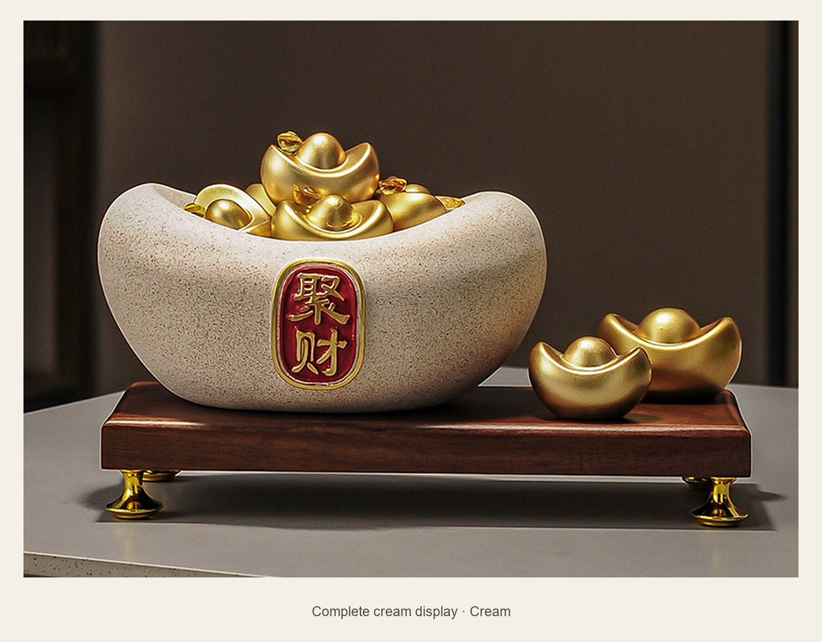 Resin Ingot Wealth Bowl with Display Base — complete cream display (Cream)