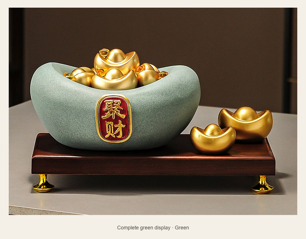 Resin Ingot Wealth Bowl with Display Base — complete green display (Green)