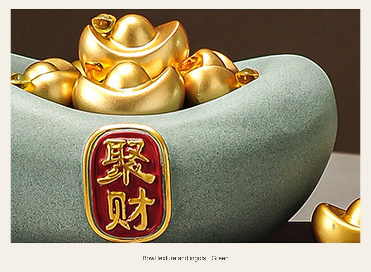 Resin Ingot Wealth Bowl with Display Base — bowl texture and ingots (Green)