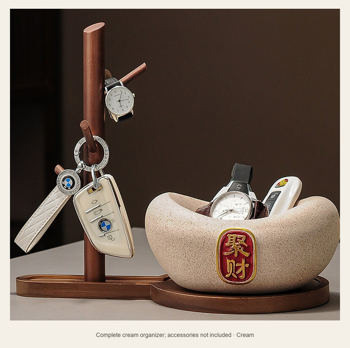 Resin Wealth Bowl & Bamboo Key Stand — complete cream organizer; accessories not included (Cream)