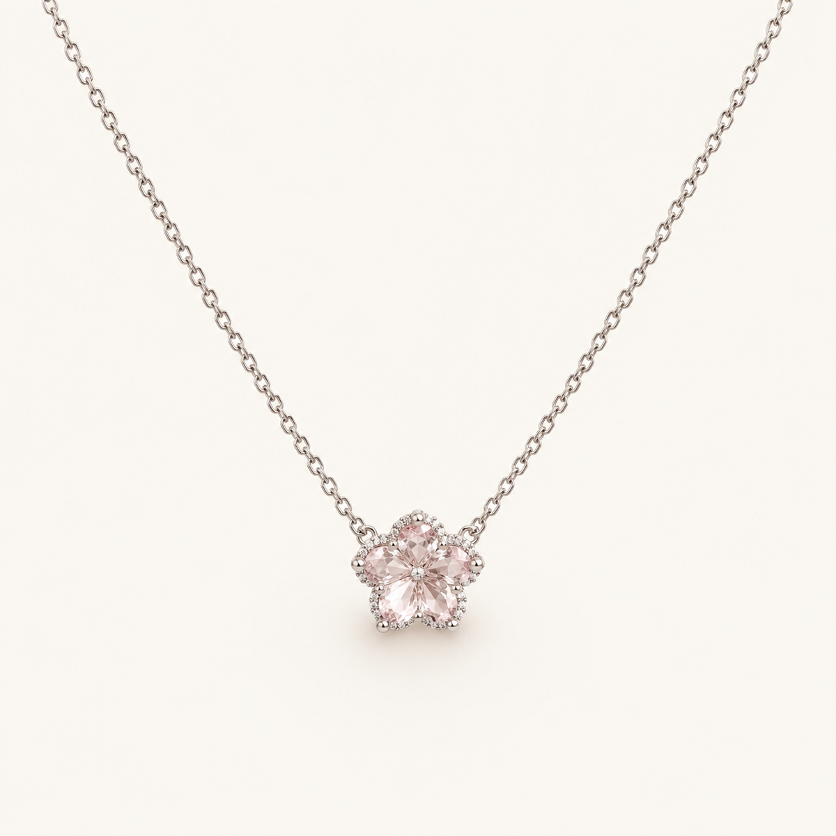 Rose Quartz & S925 Silver Love Necklace on an ivory background