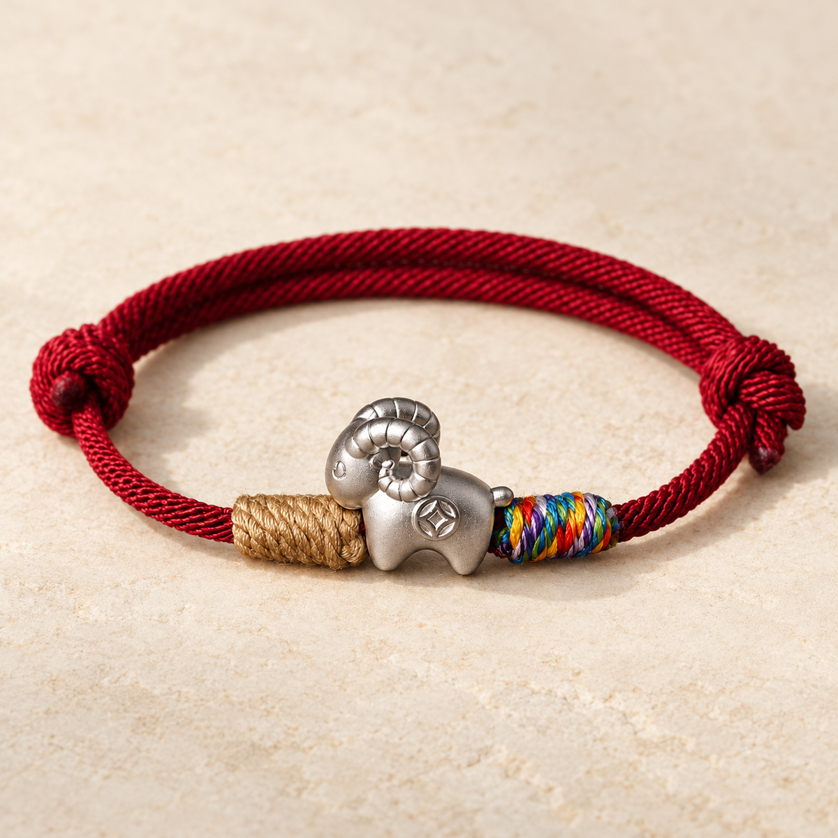 Silver goat charm bracelet with burgundy cord, tan thread and multicolored woven accents #cord color_burgundy