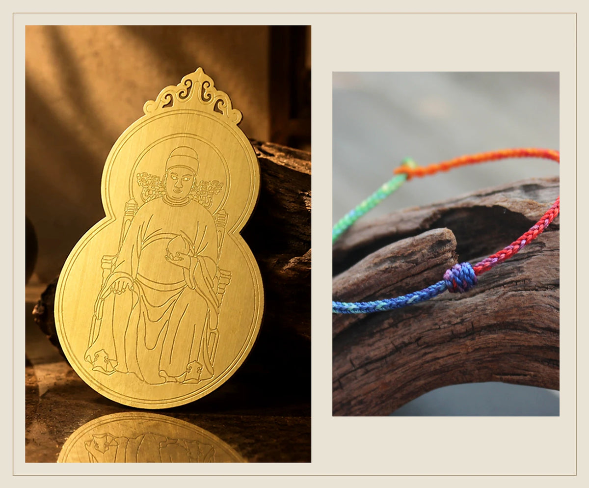 Selected carry-set accessories: a gold-tone gourd devotional card and five-colour cord bracelet. Talisman and pouch not pictured; photographs are not to scale.